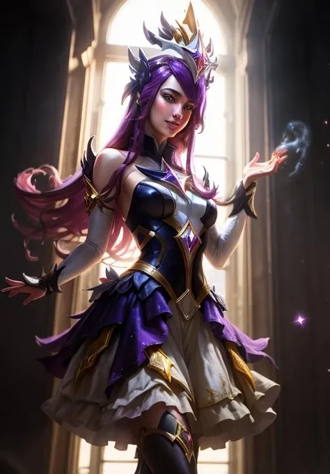(solo, 1girl), (absurdres, ,highres, official wallpaper, poster), (masterpiece, best quality:1.2), (illustration, realistic), (perfect details, highest detailed, extreme detailed), dramatic light,<lora:starguardiannilah:0.9>, starguardiannilah, (white thighhighs, elbow gloves, hair ornament, star guardian \(league of legends\), chocker, long hair, purple hair, low twintails, chest jewel, star \(symbol\), tiara), (skirt, dress),(forest, sunlight), (standing)