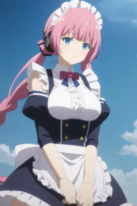 rose, anime art style, long_hair, breasts, bangs, blue_eyes, multiple_girls, 2girls, twintails, closed_mouth, white_shirt, upper_body, pink_hair, braid, frills, detached_sleeves, solo_focus, blunt_bangs, maid, maid_headdress, android, robot_ears