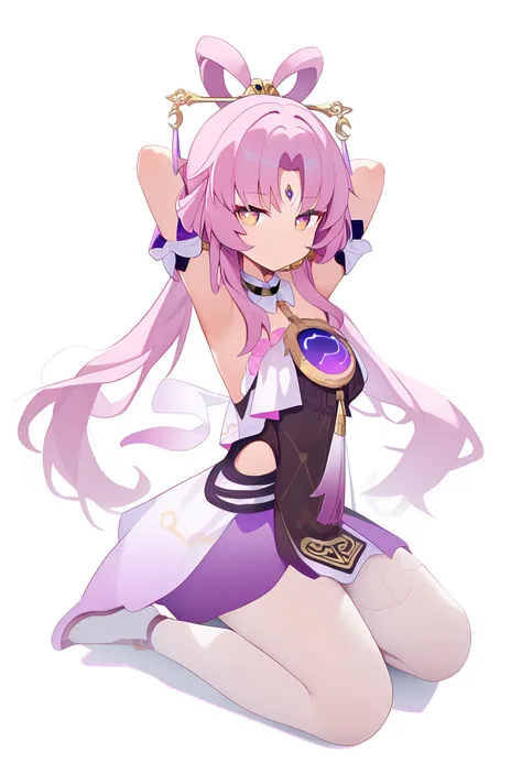 score_9,score_8_up,score_7_up, score_6_up, fu xuan \(honkai: star rail\), 1girl, hair ornament, long hair, low twintails, dress, detached sleeves, forehead mark, chest jewel, white pantyhose, choker, flat chest, sitting, knees together, soles, no shoes, grey background, simple background, <lora:fuxuanponyxl:0.8>