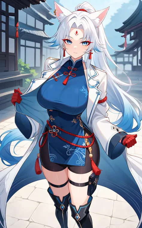 score_9, score_8_up, score_7_up, <lora:SH_HSR_Feixiao:0.9>, photo, (red eyeliner:1.1), makeup, SH_HSR_Feixiao, Feixiao, 1girl, white hair, very long hair, gradient hair, blue hair tips, ponytail, solo, gloves, belt, blue eyes, boots, coat, animal ears, jewelry, closed mouth, open coat, looking at viewer, open clothes, big breasts, dress, earrings, black shorts, long sleeves, bangs, standing, knee boots, white coat, thigh strap, parted bangs, black footwear, forehead mark, facial mark, tassel, blue dress, tassel earrings, blue shirt, red cross, (tight red gloves:1.1), (chinese clothes:1.1), (nsfw:1.3)