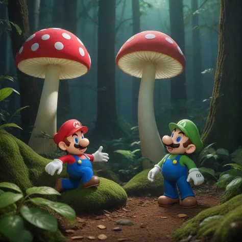 raytracing global illumination scene of mario and luigi from the mario bros , magic mushroom forest, mystical magical nintendo world