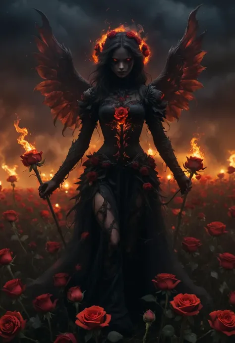 horror-themed Radiant beautiful dark angel stands amidst a field of flaming roses at night, aglow with fire, the roses ethereal form exudes a sense of calm and tranquility in the face of the furious inferno, dark theme, distortion for emotional effect, captures feeling over (form:1.05), style of Artgerm and Ilya Kuvshinov, . eerie, unsettling, dark, spooky, suspenseful, grim, highly detailed