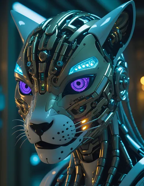 cybernetic robot Breathtaking portrait featuring a stunning porcelain android, 6 , sharp focus on eyes, Their profiles are captured in exquisite detail, revealing intricate cybernetic implants and robotic components beneath their flawless skin, an undeniable grace and elegance that sets them apart from mere machines, Soft light bathes them in a warm glow, rim lighting, vibrant hues of blue and green and purple dance across their frames, blue eyes reflecting off the countless microchips embedded within their structures, capturing not just the cold efficiency of artificial intelligence but also its potential for beauty and artistry, style reminiscent of Edward Blair Wilkins, . android, AI, machine, metal, wires, tech, futuristic, highly detailed,