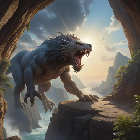 digital painting of an epic mythical beast roaring on the edge of a cliff in a fantastic world, complex and detailed environment, day, light rays