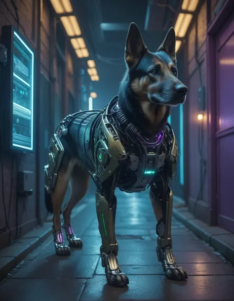 cybernetic robot Breathtaking portrait featuring a stunning porcelain android German Shepard dog, standing on four legs, walking down a dark alley, full shot, sharp focus on head, Their profiles are captured in exquisite detail, revealing intricate cybernetic implants and robotic components, Soft light bathes them in a warm glow, rim lighting, vibrant hues of blue and green and purple dance across their frames, dimly glowing eyes reflecting off the countless microchips embedded within their structures, capturing not just the cold efficiency of artificial intelligence but also its potential for beauty and artistry, style reminiscent of Edward Blair Wilkins, . android, AI, machine, metal, wires, tech, futuristic, highly detailed,