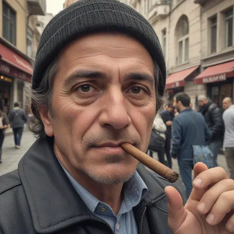 selfie of a turkish man smoking a cigar in Istanbul, taken with iphone