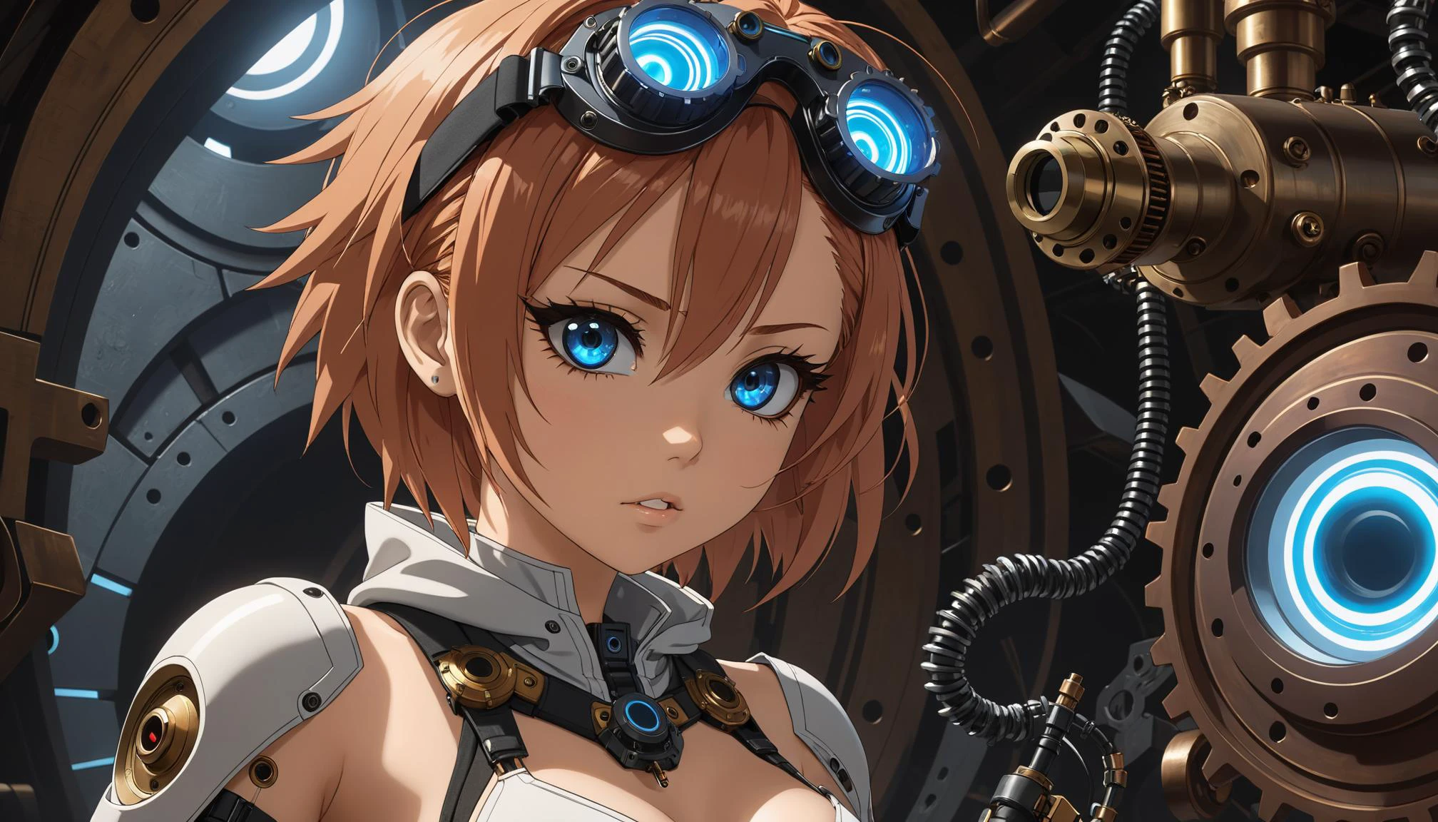 <lora:EnvyLiminalXL01:0.5>, liminal , 1girl , <lora:neru_(blue_archive)_image1870_2023-11-28:0.5>, natsu \(blue archive\), (style-rustmagic:0.8), (steampunk cyborg:0.8), portrait, looking up, solo, upper body, detailed background, (<lora:InfraBlackholeTech:0.6>, warp, scifi, inblackholetech theme:1.1) smirk, dynamic pose, sunshine technomancer, floating screws, Matte Gray dirty clothes , techwear, hood, goggles, dark cave in background, machines, gears, industry, oil, anvil, gauges, automaton, electric sparks , very thin waist, <lora:SDXL_MassiveCowsLoRA_v1:0.1> breasts, cleavage, slim body,, (8k, masterpiece, best quality, ultra-detailed), (an extremely delicate and beautiful)kawaii, cute, very big eyes, Aesthetic Anime Eyes, small face, large breasts, cinematic lighting, , Intricate, High Detail, Sharp focus, dramatic, masterpiece, best quality, ultra-detailed,