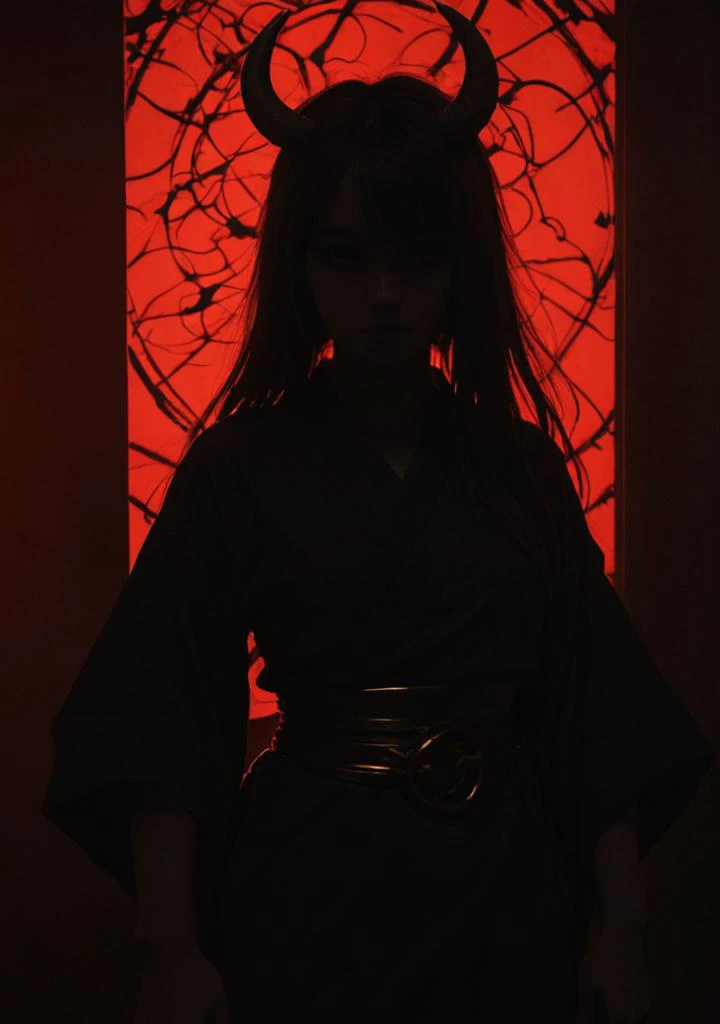 ((silhouette of cute demon kimono girl:1.4),((gold horns)), (long spread hair), ((circuits, hydraulic)), wires, (anime style:1), low light, darkness, black background, surreal, detailed image, high quality detailed, very attractive beautiful ultra detailed, (Very Intricate), UHD, (Mega Details),cyberpsychosis,((looking at the viewer)),anime style,((black and white tones)),bedroom eyes, smug smile,paper,<lora:silhouette:3.0> ,thick black eyelashes, black eyeliner, dark eyeshadow,((waist)),polaroid film,(red glow eyes:1.4),cyber punk, (red glow eyes:1.4),((from below)), (full body), <lora:- SDXL - vanta-black_contrast_V3.0:0.9>,<lora:casting shadow style:0.6>, <lora:add-detail-xl:1>