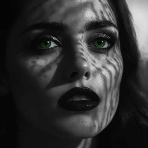 UHD, 4k, ultra detailed, cinematic, a photograph of  <lora:casting shadow style v2:1> casting shadow style
A cucoloris patterned illumination casting a circular shadow
 <lora:sin city style v2:0.2>
In Sin City universe Ava a woman with blood on her face sin city style,1girl,long hair,black hair,1boy,green eyes,monochrome,greyscale,parted lips,teeth,blurry,looking at another,lips,blood,blurry background,portrait,spot color,blood on face,realistic,Frank Miller's Sin City,dark theme,cinematic film,comic book series,graphic novel,Neo-noir,high contrasts,sin city style,closeup , film noir, low key light, dim light, low light, dramatic light, film grain, epic, beautiful lighting, inpsiring