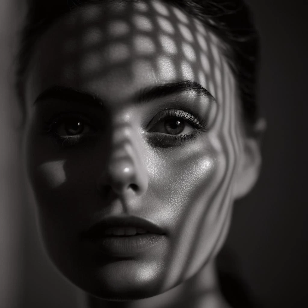 cinematic film still of <lora:casting shadow style v2:1>
A cucoloris patterned illumination casting a a unique custom small triangle shape shadow on a modeling woman with a black and white image of her face, casting shadow style, shallow depth of field, vignette, highly detailed, high budget, bokeh, cinemascope, moody, epic, gorgeous, film grain, grainy