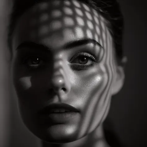 cinematic film still of  <lora:casting shadow style v2:1>
A cucoloris patterned illumination casting a a unique custom small triangle shape shadow on a modeling woman with a black and white image of her face, casting shadow style, shallow depth of field, vignette, highly detailed, high budget, bokeh, cinemascope, moody, epic, gorgeous, film grain, grainy