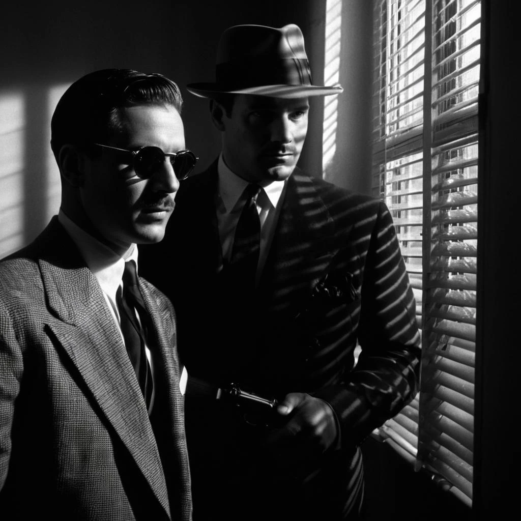Film noir style,  <lora:casting shadow style v2:1>
A cucoloris patterned illumination casting a window diagonal shadow on two men in suits and hats are talking,short hair,shirt,hat,holding,jacket,monochrome,upper body,weapon,greyscale,male focus,multiple boys,necktie,collared shirt,2boys,holding weapon,looking at another,gun,facial hair,formal,suit,holding gun,handgun,manly,revolver,cinematic,film,filmic,casting shadow,venetian blinds casting shadow light,shadow on face,face partially covered in shadow,different shadow,window casting shadow light,cinematography,detailed,detailed background,detailed face,high quality,8k,cuculoris,kookaloris,cookaloris or cucalorus,light modifier,different light pattern,creative light,unique shadow , casting shadow style, a scene from a 1940's film, Monochrome, high contrast, dramatic shadows, 1940s style, mysterious, cinematic