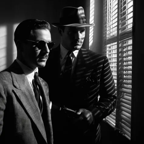 Film noir style, <lora:casting shadow style v2:1>
A cucoloris patterned illumination casting a window diagonal shadow on two men in suits and hats are talking,short hair,shirt,hat,holding,jacket,monochrome,upper body,weapon,greyscale,male focus,multiple boys,necktie,collared shirt,2boys,holding weapon,looking at another,gun,facial hair,formal,suit,holding gun,handgun,manly,revolver,cinematic,film,filmic,casting shadow,venetian blinds casting shadow light,shadow on face,face partially covered in shadow,different shadow,window casting shadow light,cinematography,detailed,detailed background,detailed face,high quality,8k,cuculoris,kookaloris,cookaloris or cucalorus,light modifier,different light pattern,creative light,unique shadow , casting shadow style, a scene from a 1940's film, Monochrome, high contrast, dramatic shadows, 1940s style, mysterious, cinematic