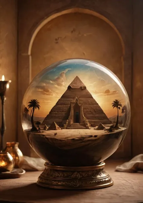 A  glass sphere sculpture, concealed inside the sphere, ((pyramid sphinx silhouette)), on dusk, clear sky inside, surreal, (light emerges out of the sphere), detailed image, high quality detailed, shaped sphere, amazing wallpaper, digital painting highly detailed, UHD detailed oil painting, beautiful art UHD, focus on full glass shpere, bokeh,  background Modifiers: extremely detailed Award winning photography, fantasy studio lighting, photorealistic very attractive beautiful imperial colours ultra detailed 3D, (Very Intricate), UHD, <lora:3D_Framed_Wall_Art_-_By_DICE:0.7>, (3D Framed, Mega Details),<lora:ParchartXL_CODA:0.6> ,hallway,<lora:casting shadow style:1>,priestess,golden staff, <lora:sinfully_stylish_SDKL:1>