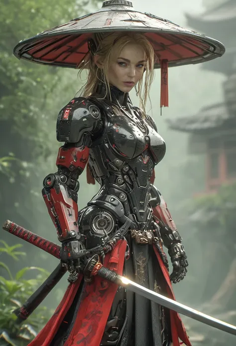 professional photography of ((ctyltzwc woman)), a Cyborg Samurai, blonde hair, wearing black and red, robot body parts and high-tech mechanical armor, Asian style hat, sharp face focus, 16k, HDR, DSLR, insane detailed, holding a samurai sword, Katana, natural light, detailed shadows, award-winning photo, <lora:Caity Lotz:1>, <lora:XL_Cyborg_Samurai_-_By_HailoKnight:0.65>, standing in a high-tech Japanese zen garden, <lora:casting shadow style v2:0.8>, casting shadow style, <lora:detailed_notrigger:0.5>, <lora:XL_Weapon_Katana_-_By_HailoKnight:0.55>