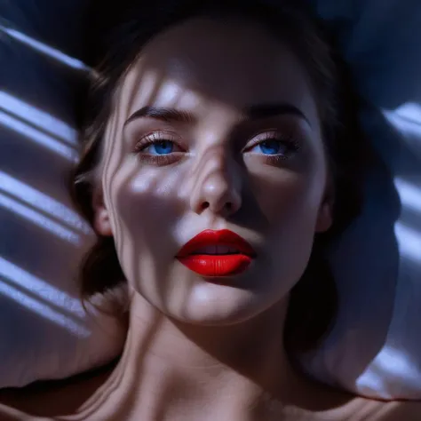 breathtaking,  <lora:casting shadow style v2:1>
From above, A cucoloris patterned illumination casting a window shadow on a red lips woman laying in bed with her head on her hands,1girl,solo,blue eyes,lying,parted lips,on back,blurry,realistic,cinematic,film,filmic,casting shadow,venetian blinds casting shadow light,shadow on face,face partially covered in shadow,different shadow,window casting shadow light,cinematography,detailed,detailed background,detailed face,high quality,8k,cuculoris,kookaloris,cookaloris or cucalorus,light modifier,different light pattern,creative light,unique shadow , casting shadow style, award-winning, professional, highly detailed