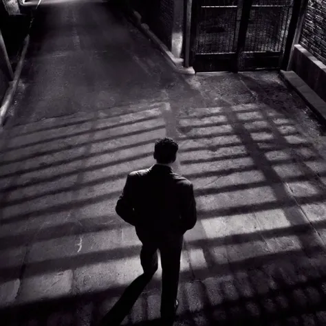 Film noir style,  <lora:casting shadow style:1>casting shadow style
 <lora:Chiaroscuro Lighting Style:1>
 <lora:eyetune:1>
 <lora:sin city style v2:1>sin city style
High angle from above In Sin City universe a person covered in cocolorus walking through a gated area sin city style,solo,long sleeves,1boy,school uniform,standing,jacket,monochrome,greyscale,male focus,outdoors,pants,hand up,shadow,walking,hand in pocket,gakuran,gojou satoru,getou suguru,Frank Miller's Sin City,dark theme,cinematic film,comic book series,graphic novel,Neo-noir,high contrasts,sin city style , film noir, low key light, dim light, low light, dramatic light, film grain, Monochrome, high contrast, dramatic shadows, 1940s style, mysterious, cinematic