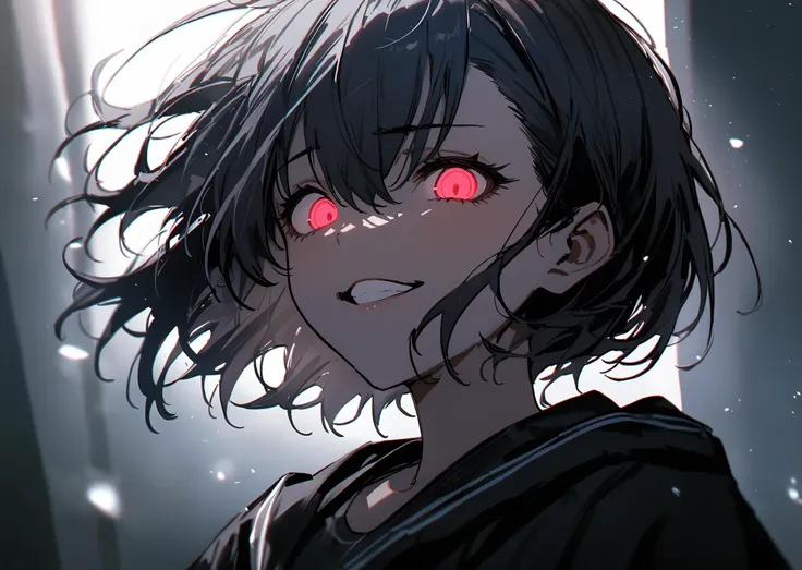 best quality, masterpiece, absurdres, high quality, very authentic, upper body, 1girl, takamatsu tomori, short hair, floting hair, flying hair, unkempt, glowing eyes, detailed eyes, light red eyes, looking at viewer, intense, crazy emotion, very evil smile, (very wide grin pulling the corners of mouth:1.1), moody, special effects, light particles, chromatic aberration, shallow depth of field, film, filmic, casting shadow, dark, grin, dynamic pose, <lora:casting shadow style:0.8>, <lora:bangbangv1.1:0.2>,