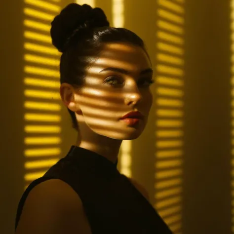 cinematic film still of  <lora:casting shadow style v2:1>
A cucoloris patterned illumination casting a large diagonal bar shadow on a modeling woman with a black top and a black top,1girl,solo,looking at viewer,short hair,black hair,yellow eyes,hair bun,blurry,lips,shadow,sunlight,portrait,realistic,shade,dappled sunlight,cinematic,film,filmic,casting shadow,venetian blinds casting shadow light,shadow on face,face partially covered in shadow,different shadow,window casting shadow light,cinematography,detailed,detailed background,detailed face,high quality,8k,cuculoris,kookaloris,cookaloris or cucalorus,light modifier,different light pattern,hand, creative light,unique shadow , casting shadow style, shallow depth of field, vignette, highly detailed, high budget, bokeh, cinemascope, moody, epic, gorgeous, film grain, grainy