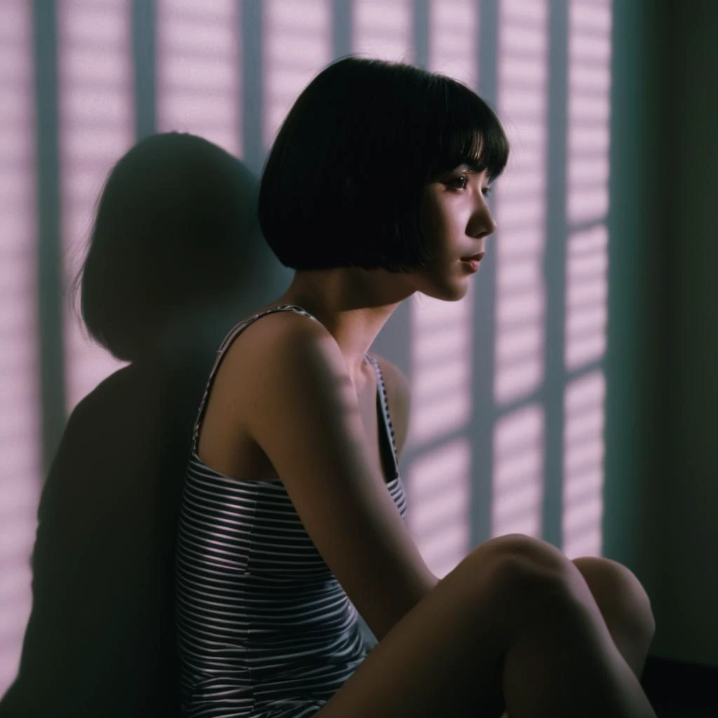 cinematic film still of  <lora:casting shadow style v2:1>
A cucoloris patterned illumination casting a horizontal shadow on a woman sitting on a ledge in a room,1girl,solo,short hair,black hair,bare shoulders,tank top,knee up,retro artstyle,dark,1990s (style),kusanagi motoko,cinematic,film,filmic,casting shadow,venetian blinds casting shadow light,shadow on face,face partially covered in shadow,different shadow,window casting shadow light,cinematography,detailed,detailed background,detailed face,high quality,8k,cuculoris,kookaloris,cookaloris or cucalorus,light modifier,different light pattern,creative light,unique shadow , casting shadow style, a scene from an anime manga film, shallow depth of field, vignette, highly detailed, high budget, bokeh, cinemascope, moody, epic, gorgeous, film grain, grainy