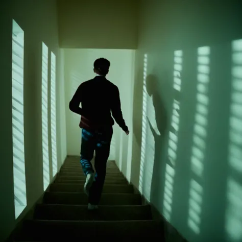 cinematic film still of <lora:casting shadow style v2:1>
A cucoloris patterned illumination casting a vertical window shadow on a person running down a set of stairs,solo,shirt,1boy,standing,male focus,pants,indoors,window,sunlight,scenery,stairs,cinematic,film,filmic,casting shadow,venetian blinds casting shadow light,shadow on face,face partially covered in shadow,different shadow,window casting shadow light,cinematography,detailed,detailed background,detailed face,high quality,8k,cuculoris,kookaloris,cookaloris or cucalorus,light modifier,different light pattern,creative light,unique shadow , casting shadow style, shallow depth of field, vignette, highly detailed, high budget, bokeh, cinemascope, moody, epic, gorgeous, film grain, grainy