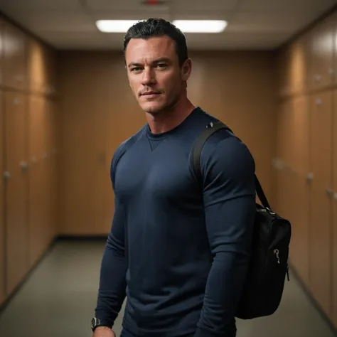 <lora:Luke_Evans-000010:0.5> luke evans as a hockey player in gym locker room, ziprealism, holding his sport bag, cowboy shot, looking at viewer