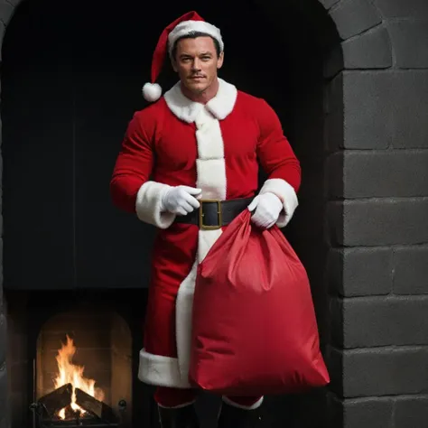 Bruce Willis wearing a Santa Claus hat, male frontal nudity showing his flaccid penis with body hair