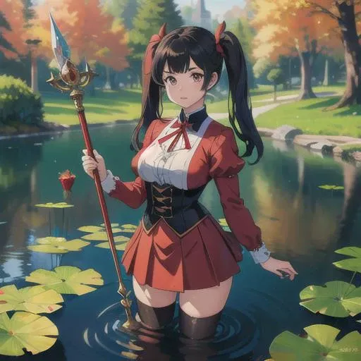 masterpiece, best quality, unrealistically high details, extremely high quality, bichu, ultra high detail, clear contours, oil painting, Impressionism, foreshortening, mega twintails, a girl in the middle of the pond is standing ankle-deep in water, holding a magic staff, a short skirt, stockings, big breasts, red clothes, a steel-colored staff with a stone at the end, nature around, huge trees, tall grass