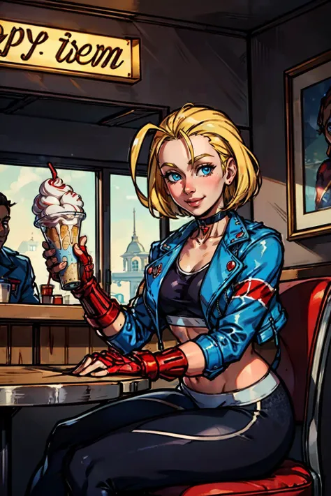 cammy white,blue eyes, toned, short blonde hair, ahoge, choker, cropped jacket, crop top, midriff, leggings, red gloves,looking at viewer, smiling,happy, sitting, on chair, inside ice cream parlor, holding a large frosted milkshake, romantic ambiance, high quality, masterpiece, <lora:SF6_Cammy-DEF:.7>
