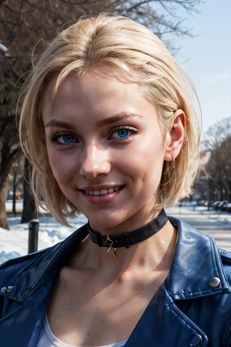 cammy white,blue eyes, toned, short blonde hair, ahoge, choker, cropped jacket, croptop, looking at viewer, smiling, close up portrait, outside, park, snow, trees, blue sky, high quality, masterpiece, <lora:SF6_Cammy-DEF:.7>