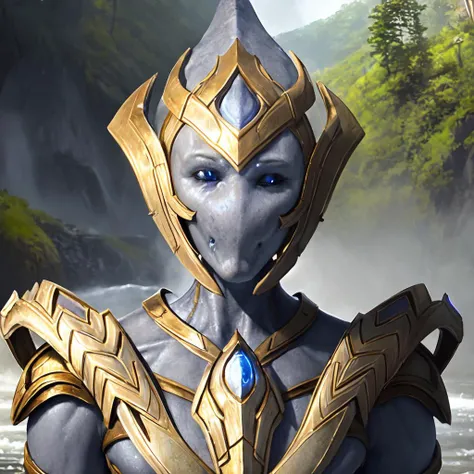 protoss, <lora:starcraft2Protoss_10b:1.1>, plate armor, no nose, no mouth, smooth face, blue crystals, (glowing) blue eyes, (best quality), (masterpiece), (high resolution), (intricate details), (cinematic light), river valley waterfall, alien, stone ruins, 1girl, photorealistic