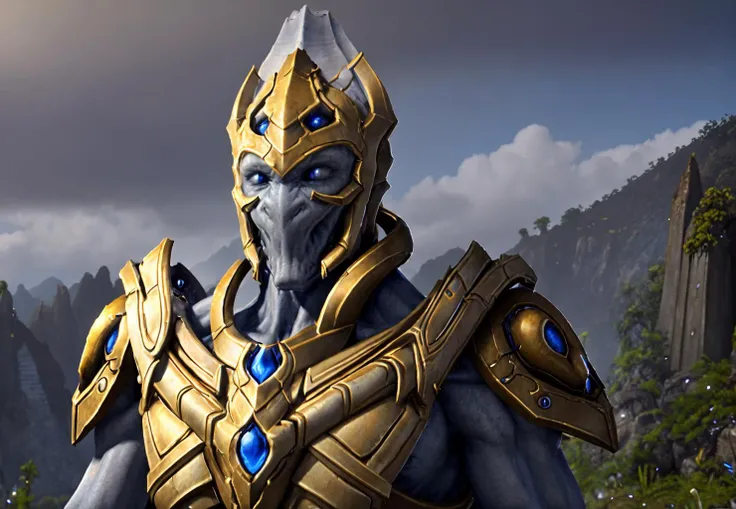 protoss, <lora:starcraft2Protoss_10b:1.1>, loincloth, no nose, no mouth, smooth face, blue crystals, (glowing) blue eyes, (best quality), (masterpiece), (high resolution), (intricate details), (photorealistic), (cinematic light), standing on a cliff overlooking a vast valley, octane render, alien, unreal, stone ruins