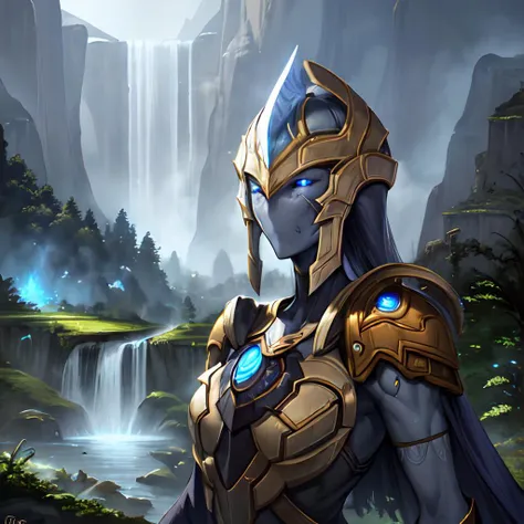 protoss, <lora:starcraft2Protoss_10b:1.1>, plate armor, no nose, no mouth, smooth face, blue crystals, (glowing) blue eyes, (best quality), (masterpiece), (high resolution), (intricate details), (cinematic light), river valley waterfall, alien, stone ruins, 1girl, photorealistic