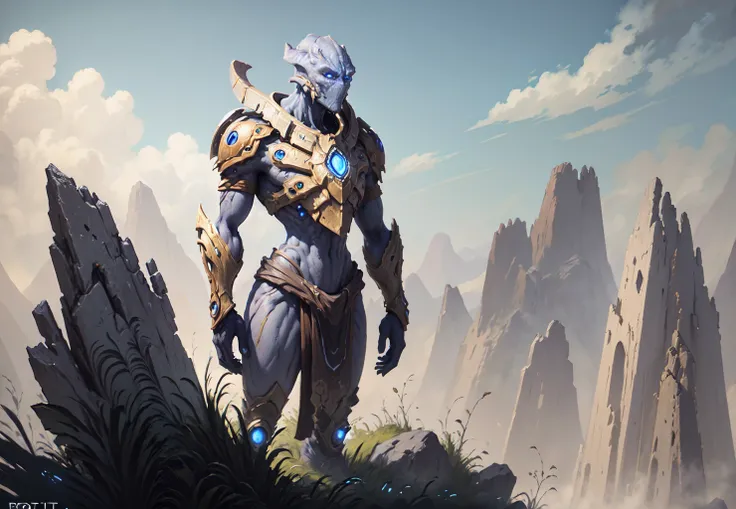 protoss, <lora:starcraft2Protoss_10b:1.1>, loincloth, no nose, no mouth, smooth face, blue crystals, (glowing) blue eyes, (best quality), (masterpiece), (high resolution), (intricate details), (photorealistic), (cinematic light), standing on a cliff overlooking a vast valley, octane render, alien, unreal, stone ruins