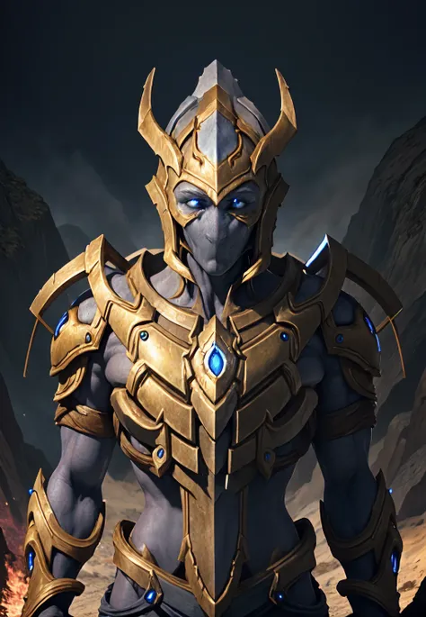 protoss, <lora:starcraft2Protoss_10b:1.1>, loincloth, no nose, no mouth, smooth face, blue crystals, glowing blue eyes, (best quality), (masterpiece), (high resolution), (intricate details), (photorealistic), (cinematic light), standing on a cliff overlooking a vast valley