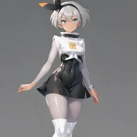 masterpiece, best quality, highly detailed, 1girl, solo, <lora:bea_pokemon-08:0.8> (bea_pokemon:1.3),
grey hair, grey eyes, hairband, black hairband, dark skin, dark-skinned female, seductive smile, blush,
simple background, cowboy shot,
<lora:team_galactic_grunt_outfit-10:1> (team_galactic_grunt_outfit:1.4), uniform, dress, short dress, boots, grey boots, knee boots, grey footwear, pantyhose, long sleeves, bodysuit under clothes, bodysuit, grey bodysuit, high collar