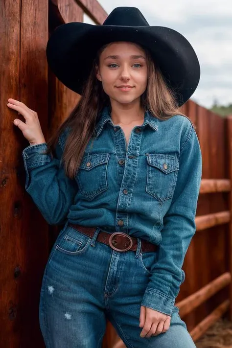 DEN_erisverba_SG,
country beauty posing against a wooden fence with a plaid shirt and jeans and a cowboy hat, cow girl, country girl, cow girl,
bokeh, f1.4, 40mm, photorealistic, raw, 8k, textured skin, skin pores, intricate details <lora:epi_noiseoffset2:1>, epiCRealism <lora:ClothingAdjuster3:-1.3>