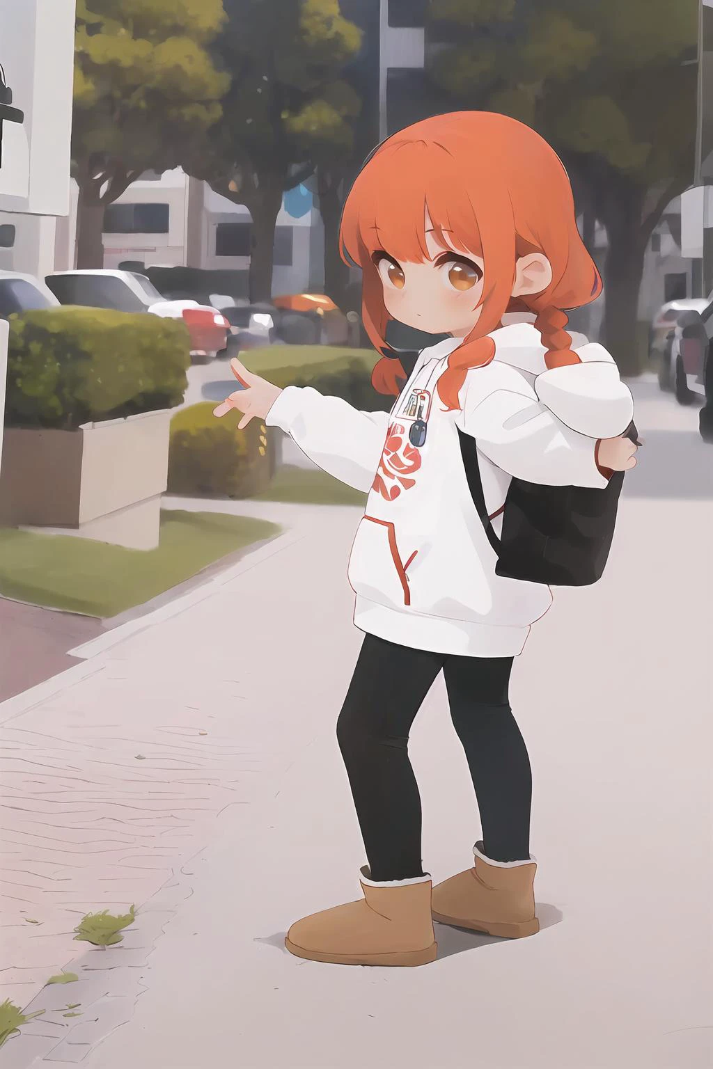 <lora:uggs_3750_lora_f32:1> uggs (masterpiece, best quality), 1girl, asian skin tone, (18|24|30|40) y.o, braided ginger hair, white hoodie, black leggings, (full body:1.3), city sidewalk, side view