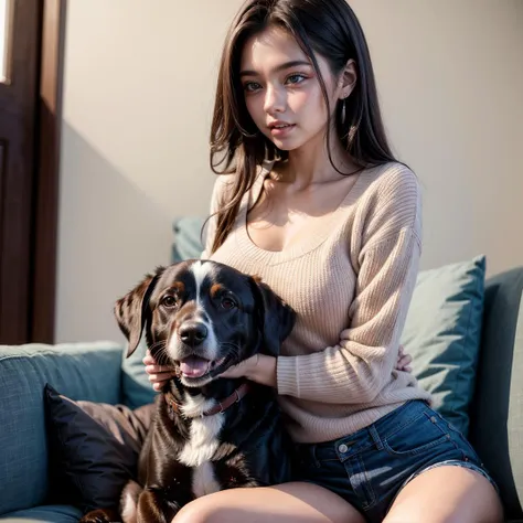 woman sitting cuddle dog, ((dog)), <lora:SweetCandy_Girl_and_dog_v1:0.5>,