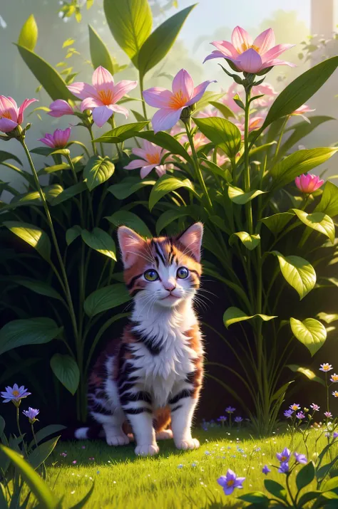 a stunning photo of a solo little kitten surrounded by plants in a flower meadow, 8k resolution concept art( intricate details:1.2), sunlight, (high quality:1.2), trending on artstation, 8k, absurdres, extremely detailed fur, (close up:1.1)
