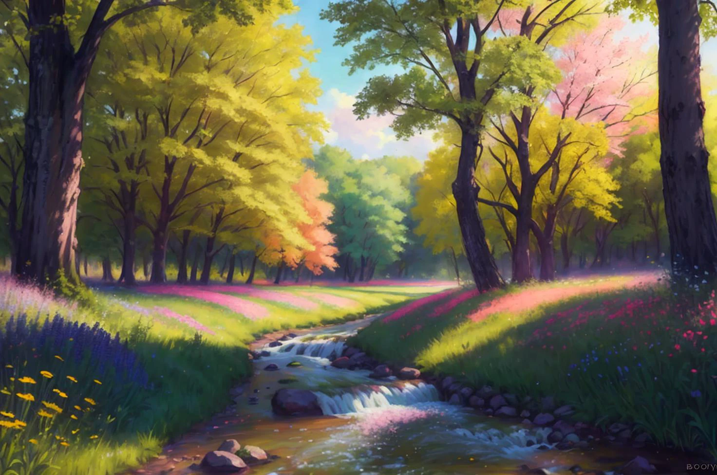 a sunny meadow filled with wildflowers of various colors, surrounded by tall, lush pink trees with new leaves, and a gentle breeze blowing through. In the distance, there is a small stream flowing, masterpiece, best quality, high quality, extremely detailed CG unity 8k wallpaper, oil paiting, award winning photography, Bokeh, Depth of Field, HDR, bloom, Chromatic Aberration ,Photorealistic,extremely detailed, trending on artstation, trending on CGsociety, Intricate, High Detail, dramatic, art by midjourney