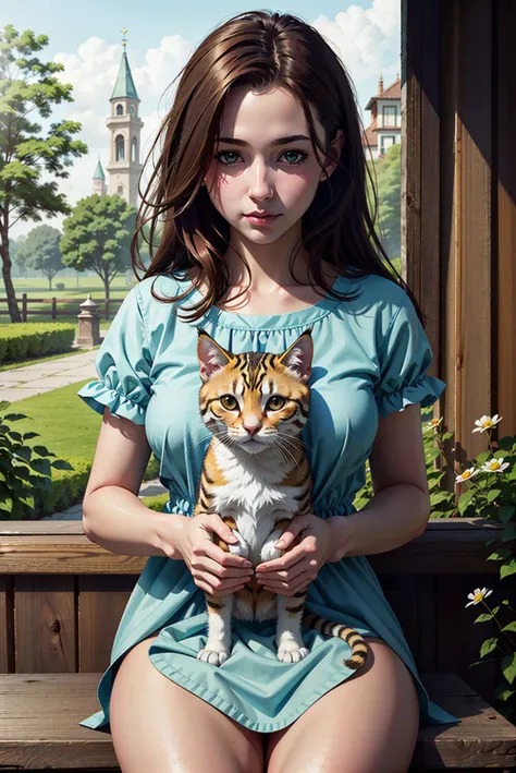 (masterpiece, top quality, best quality, official art), (1girl), (no panties:1), garden, gentle, adorable kitten, loving gaze, care, emotional connection, attentive, warmth, affection