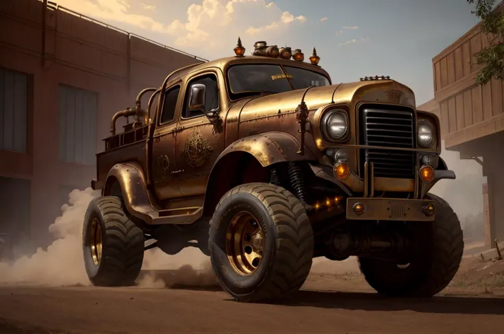 a stunning photo of a steampunk monster truck, side view, brass, steel, pipes