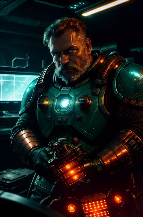 award winning waist up photo of a rugged dark science fiction space marine, wearing scratched and dented space marine gear, middle-aged, short copper hair and beard, green eyes, inside spaceship cockpit, electronic circuits hanging loose in background, flashing control panel in foreground, science fiction, action, dark, tools on floor in background, dark red lighting, high contrast, shiny skin, backlighting, bloom, light sparkles, chromatic aberration, sharp focus