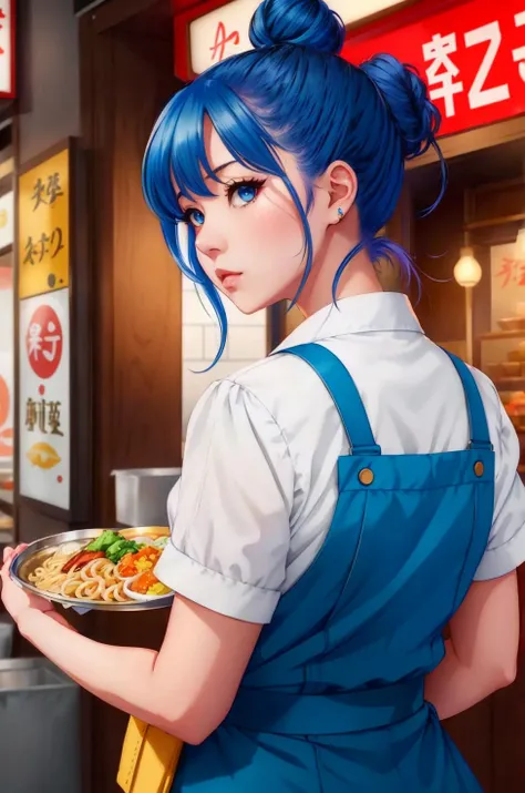 Anime style , waitress, holding a tray above her head, from behind, looking at viewer over her shoulder, ramen noodle shop, blue messy hair bun, 8k, (high quality:1.1), (highly detailed:1.1), (absurdres:1.1),