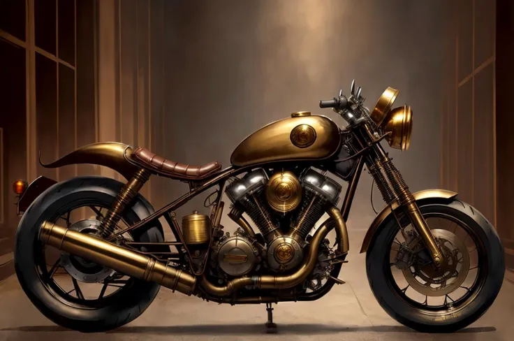 a stunning photo of a steampunk monster motorcycle, side view, brass, steel, pipes