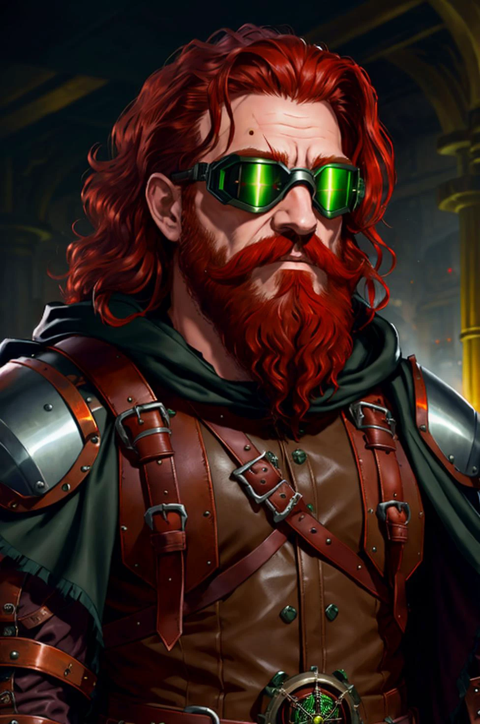 solo, alone, close up, portrait, dwarf, rugged, red hair, long beard, green eyes, metal armor, wearing a backpack, fantasy engineer, perspective, black leather armor, silver trim on cloak, goggles, working on clockwork, steampunk