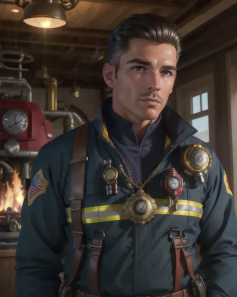 male,firefighter,portrait,modern fire station,highest quality,highly detailed,intricate,8k,masterpiece,realistic,indoors,Neutral Oak Seagrass,Steampunk,Slicked Back,Bolivian,