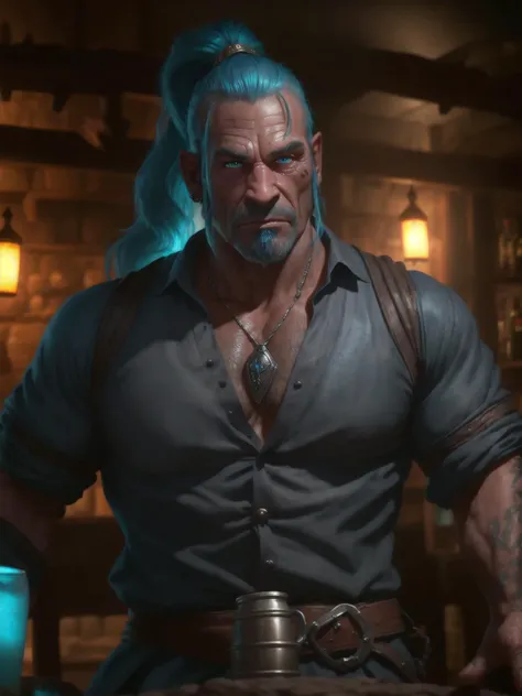 Dark Gray medieval tavern,orc bartender,handsome,keg,beer,foam,ponytail,realistic portrait,best quality,highest details,soft cinematic lighting,jewelry,cyan,