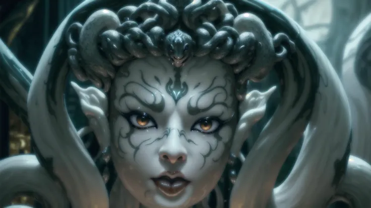 mask,abstract,ornamented,highest facial details,intricate,swirling,sharp focus,white black,[medusa:5],[coiling serpents:5],porcelain,painted,masterpiece,best quality,close-up,ambient lighting,soft shadows,highest facial details,intimidating,symmetric,8k,<lora:medusa_v8:1>,